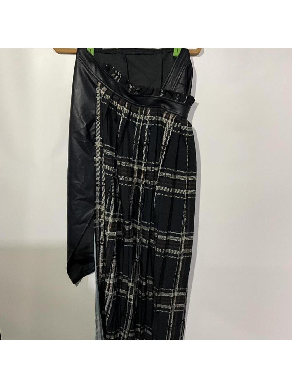 Shein Black Faux Leather and Plaid Skirt